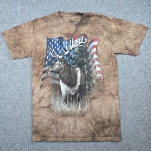 The Mountain Elk T Shirt Mens Medium Brown American Flag Tie Dye Vintage 2009